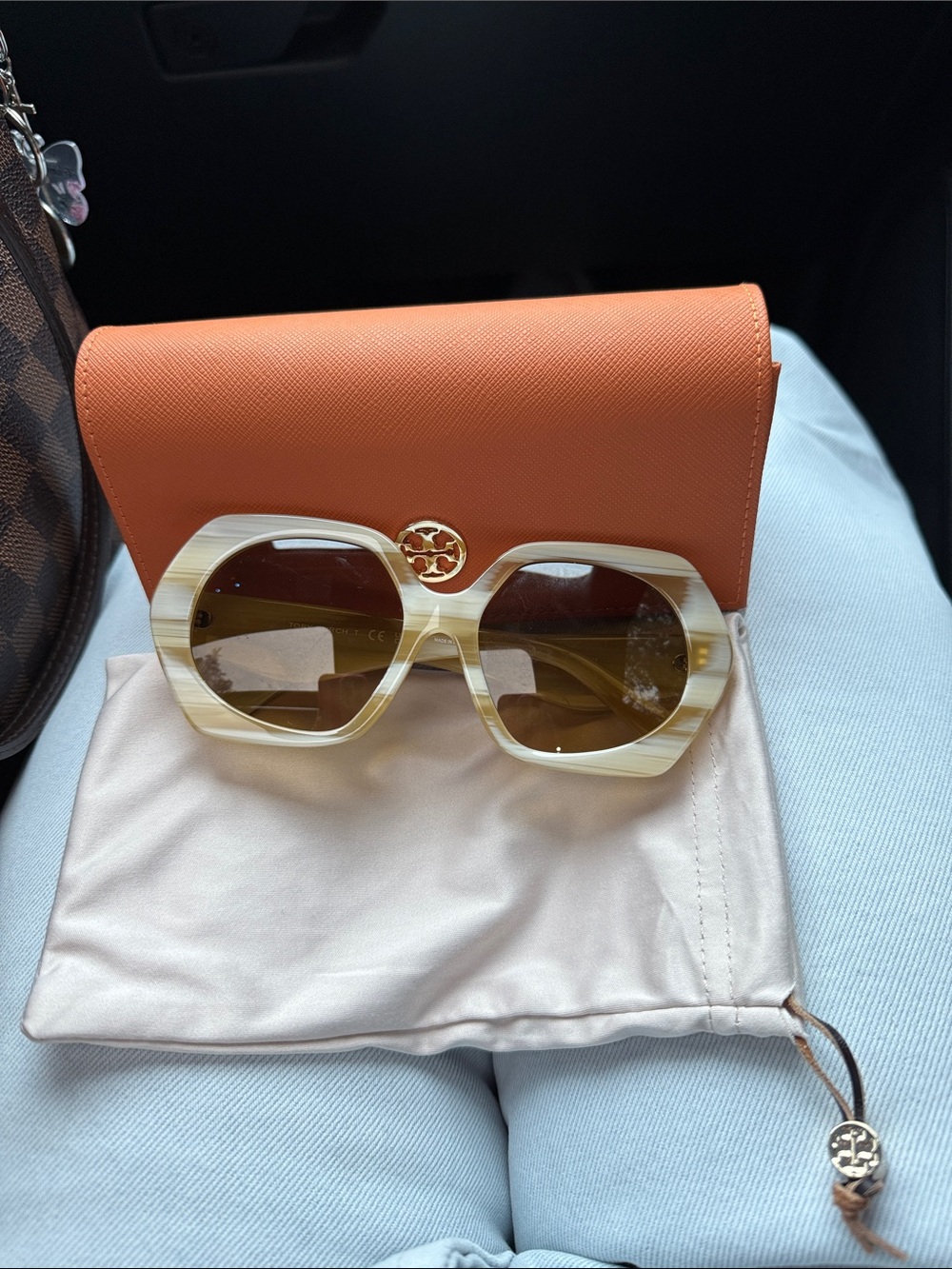 Tory Burch Cream Striped Hexagon Sunglasses with Brown Lenses